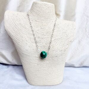 Malachite Pendant with Silver Link Chain Necklace Handmade